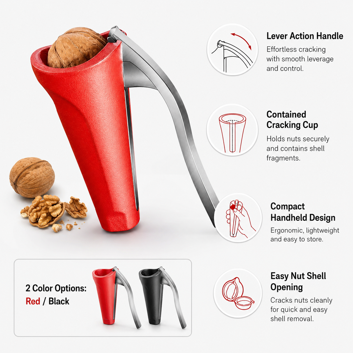 Cascanueces Ergonómico de Cocina Resistente, Rojo o Negro