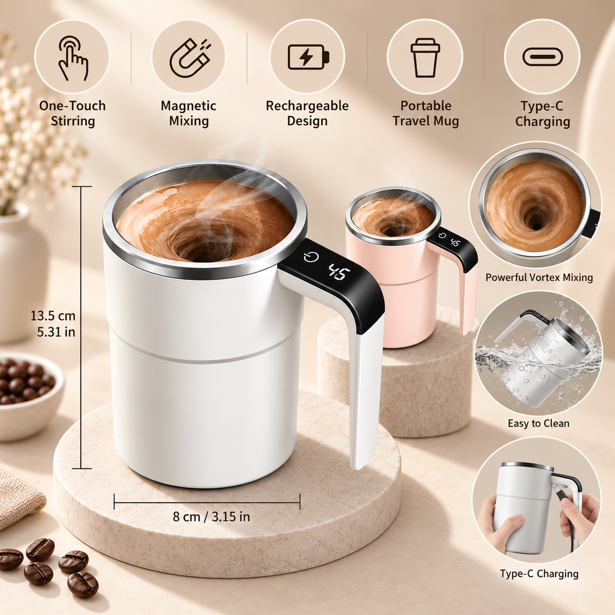 Taza Mezcladora Automática Recargable para Café y Batidos