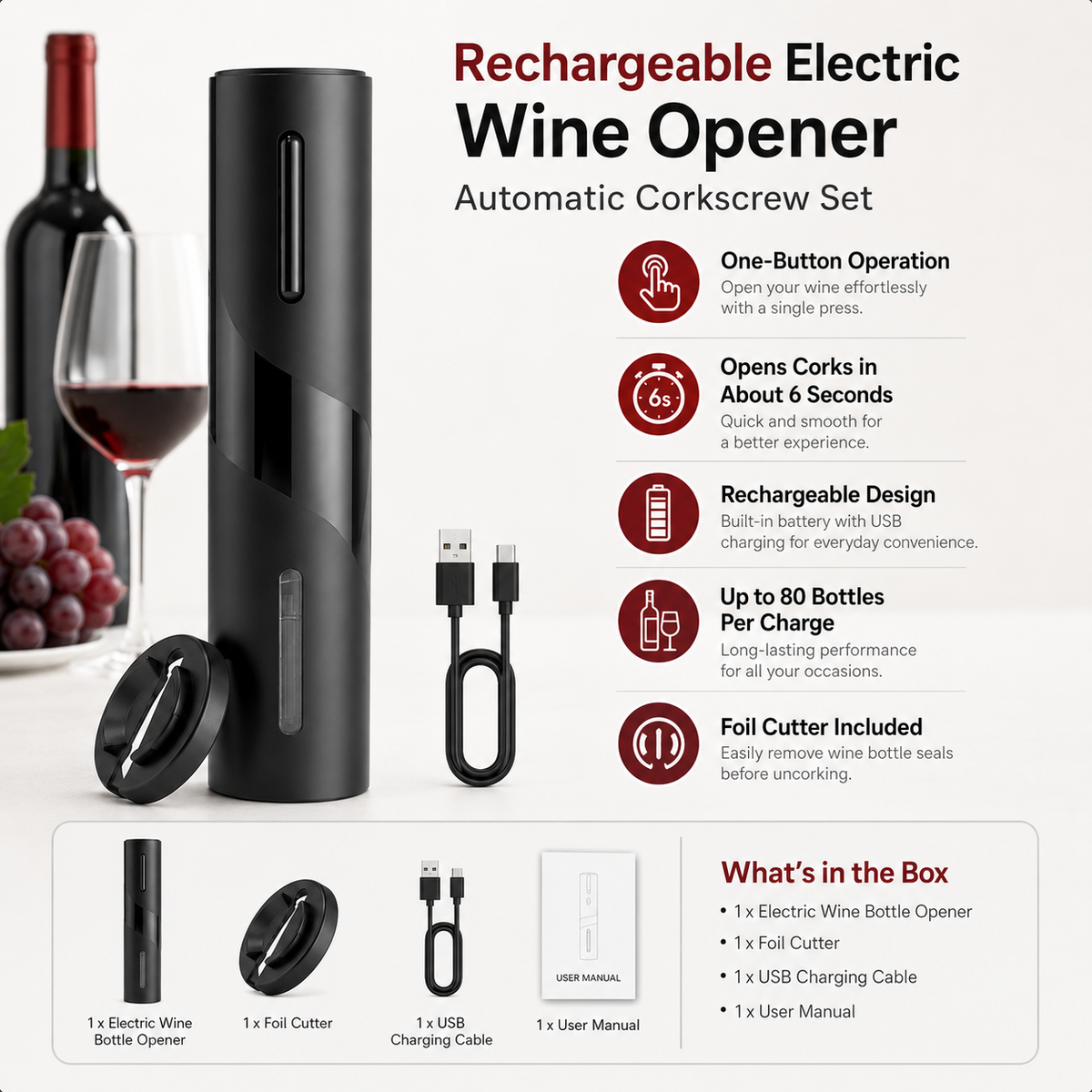 Sacacorchos Eléctrico Recargable con Cortacápsulas de Vino