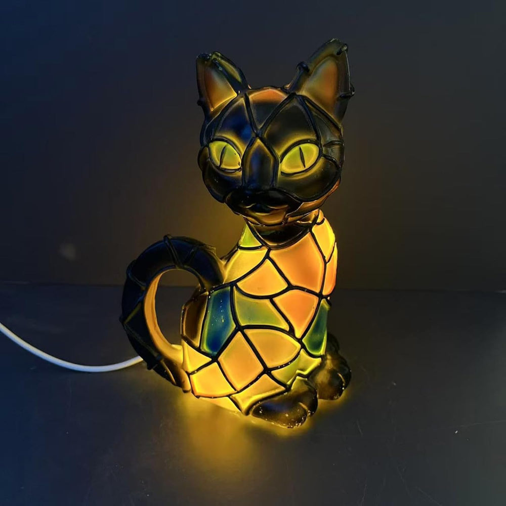 Lámpara de Mesa Gato de Resina Estilo Tiffany Luz Cálida