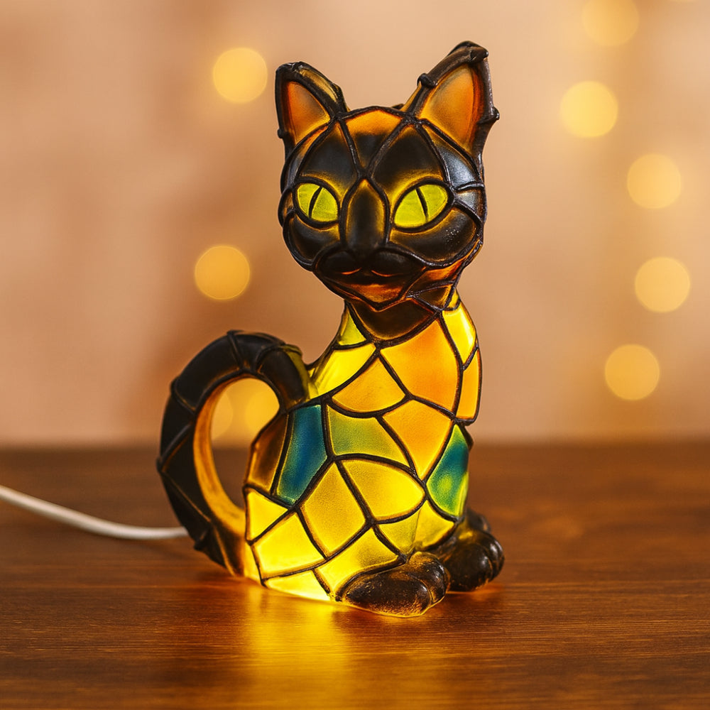 Lámpara de Mesa Gato de Resina Estilo Tiffany Luz Cálida