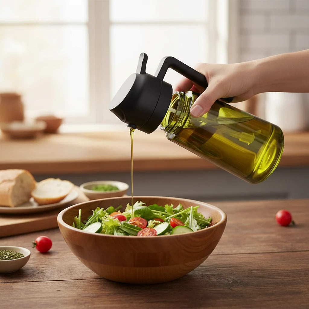 Aceitera de Vidrio con Pulverizador y Dosificador 2 en 1