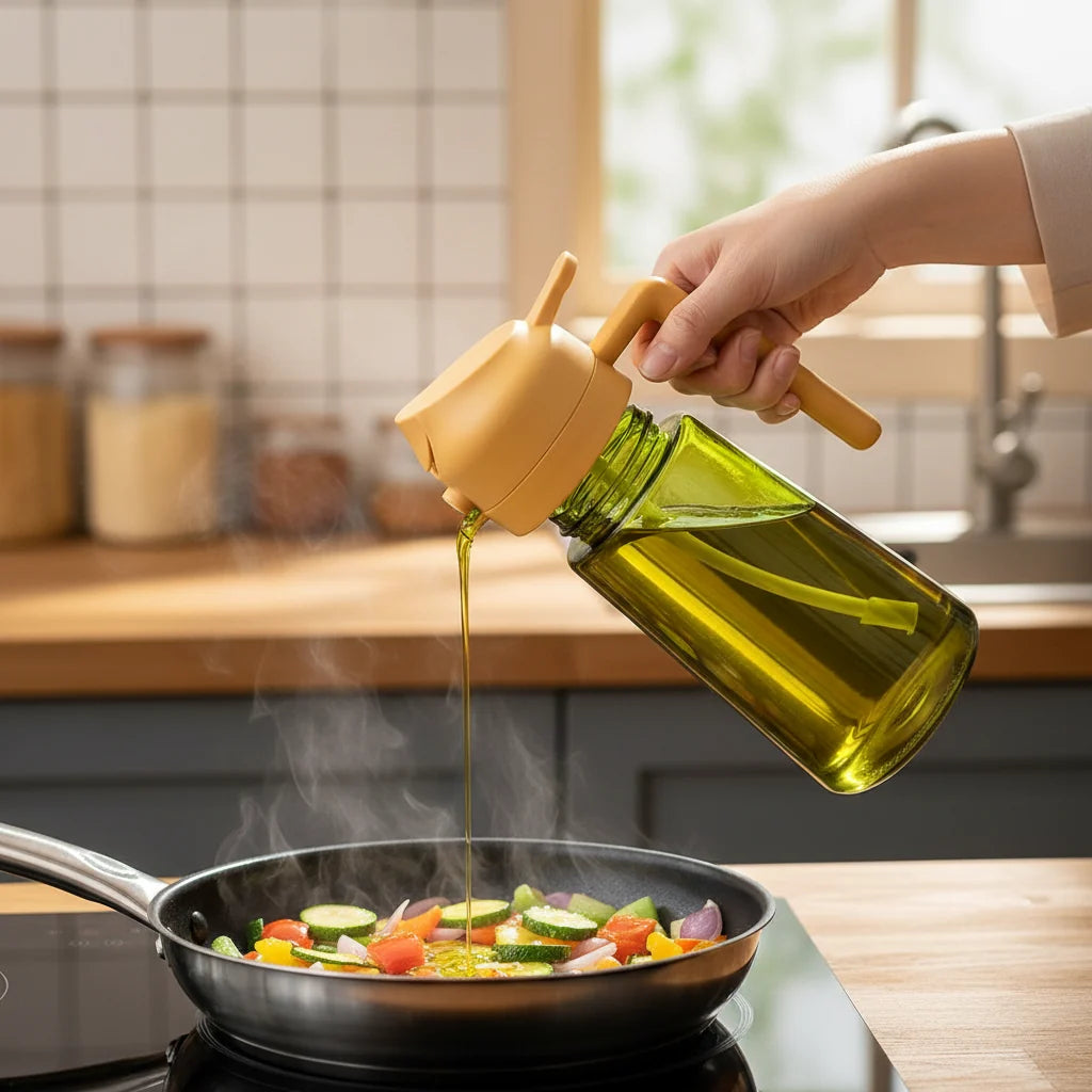 Aceitera de Vidrio con Pulverizador y Dosificador 2 en 1