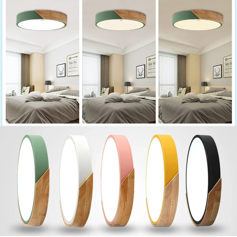 Plafón LED Nórdico de Madera, 6 Colores y 3 Tamaños Moderno