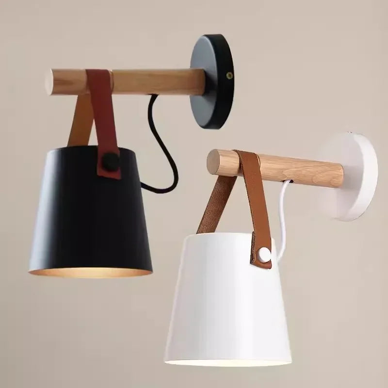 Aplique de Pared Nórdico de Madera y Cuero para Mesilla