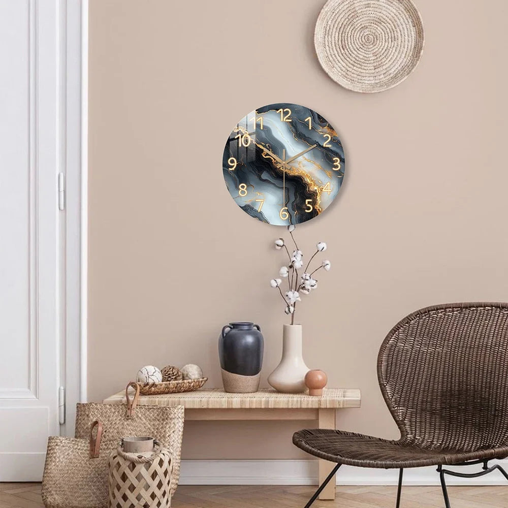 Reloj de Pared Efecto Mármol Azul y Dorado Silencioso