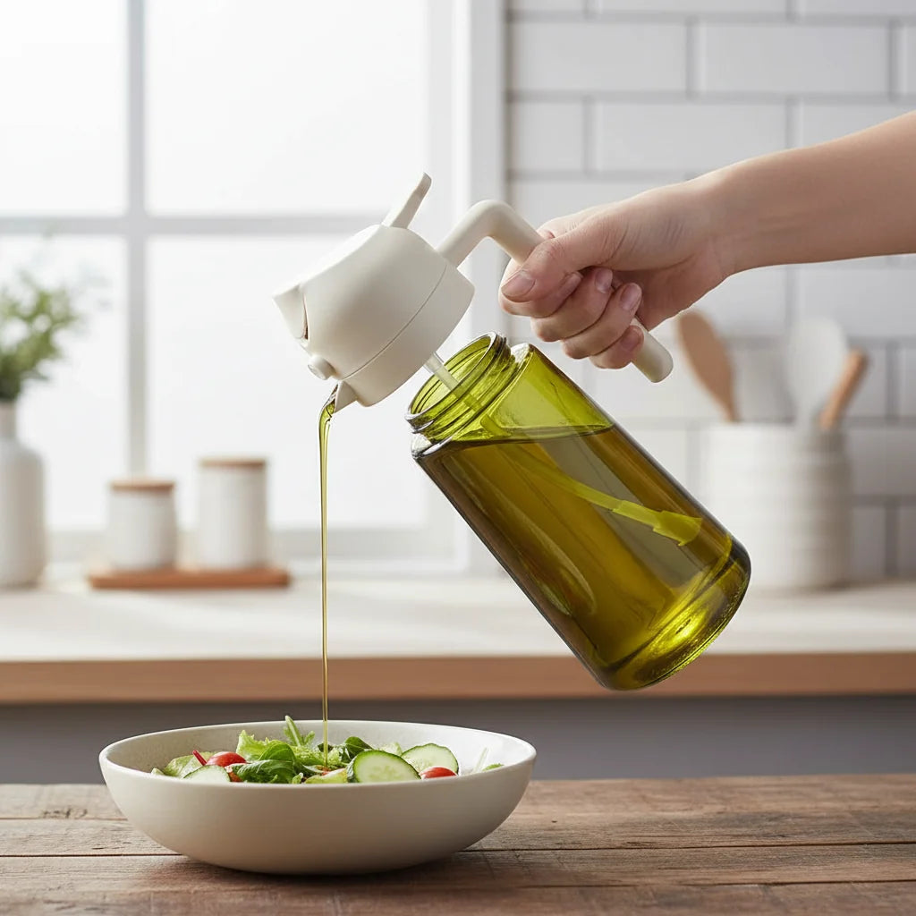 Aceitera de Vidrio con Pulverizador y Dosificador 2 en 1