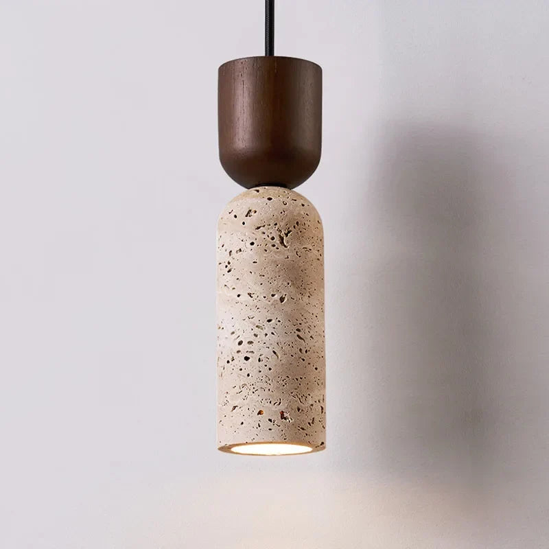 Lámpara Colgante Wabi-Sabi de Travertino y Madera Japonesa