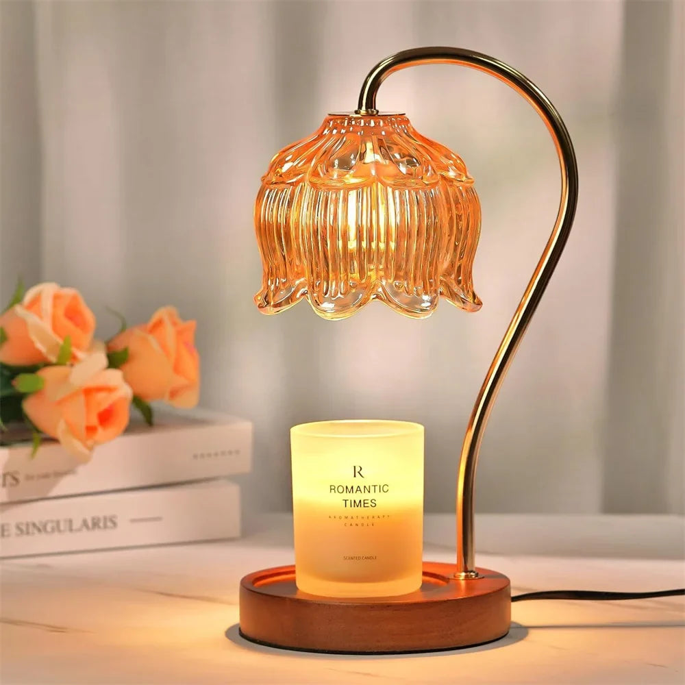 Lámpara Calentadora de Velas con Vidrio Retro y Madera