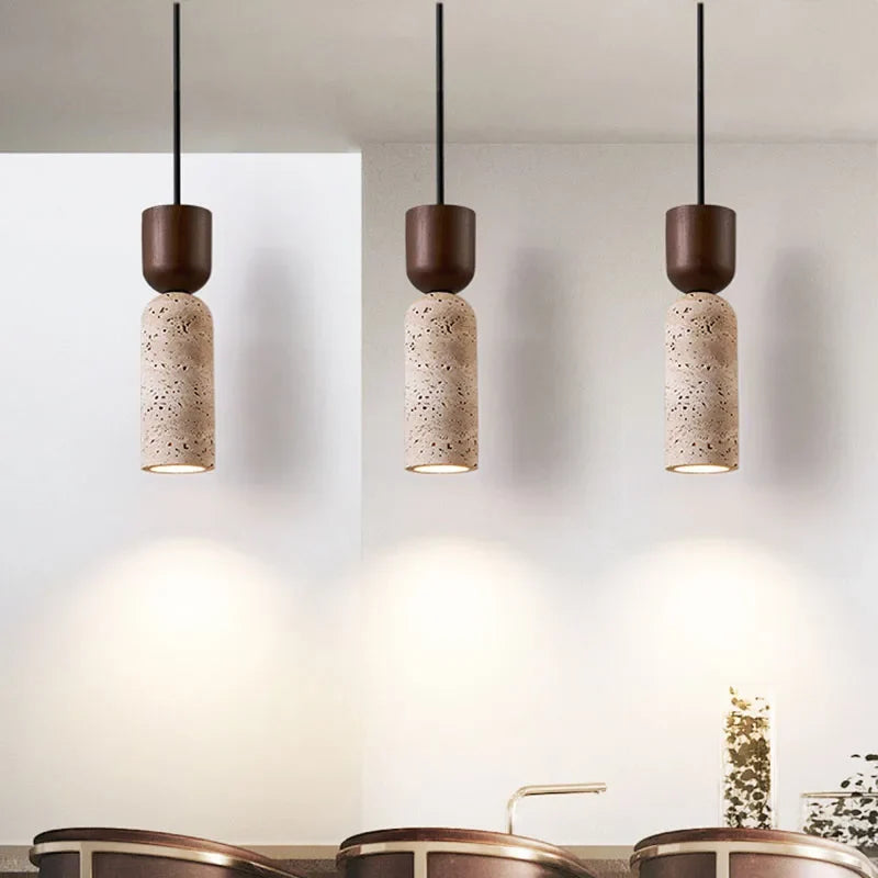 Lámpara Colgante Wabi-Sabi de Travertino y Madera Japonesa