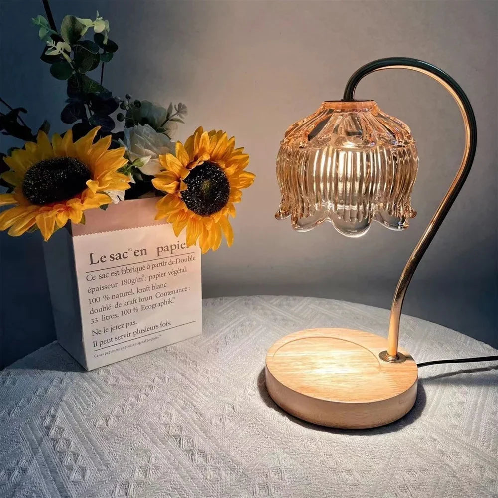Lámpara Calentadora de Velas con Vidrio Retro y Madera