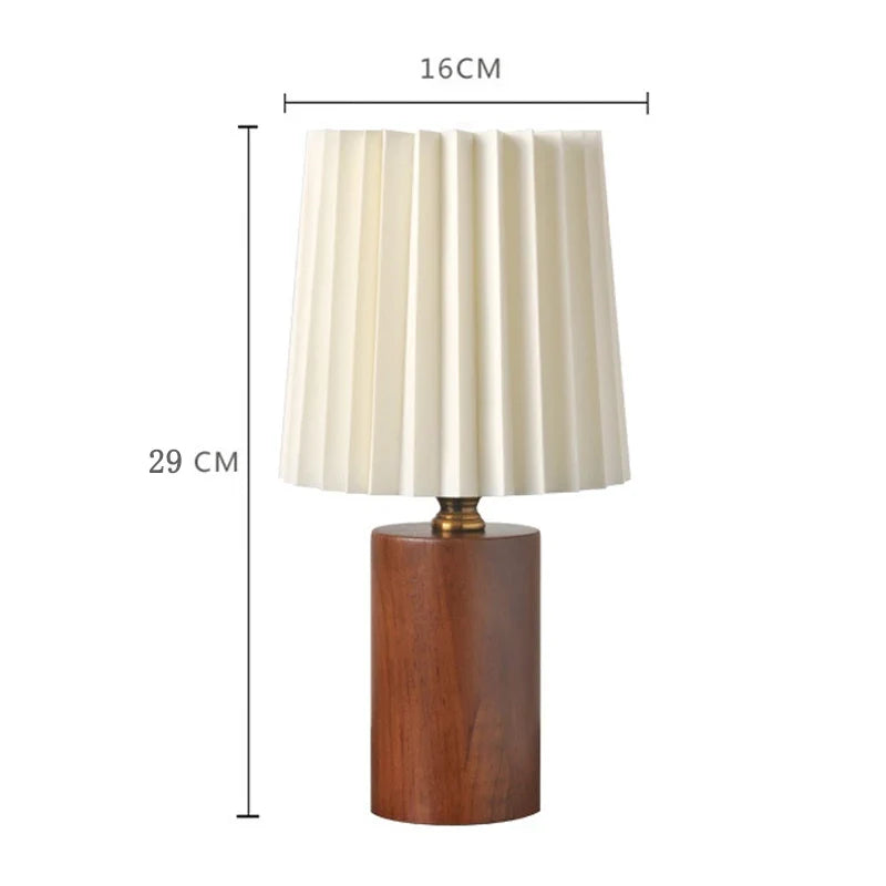 Lámpara de Mesa Plisada con Base de Madera Nórdica Vintage