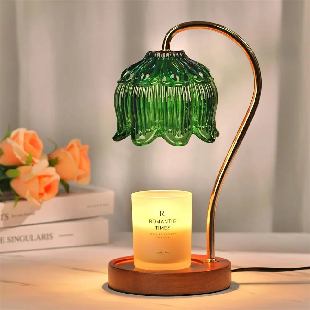 Lámpara Calentadora de Velas con Vidrio Retro y Madera