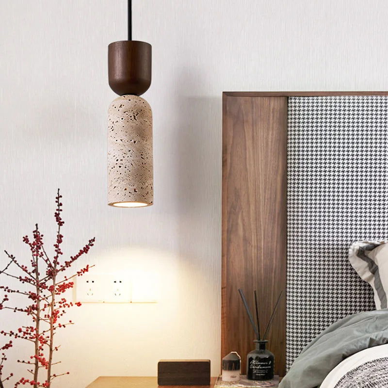 Lámpara Colgante Wabi-Sabi de Travertino y Madera Japonesa