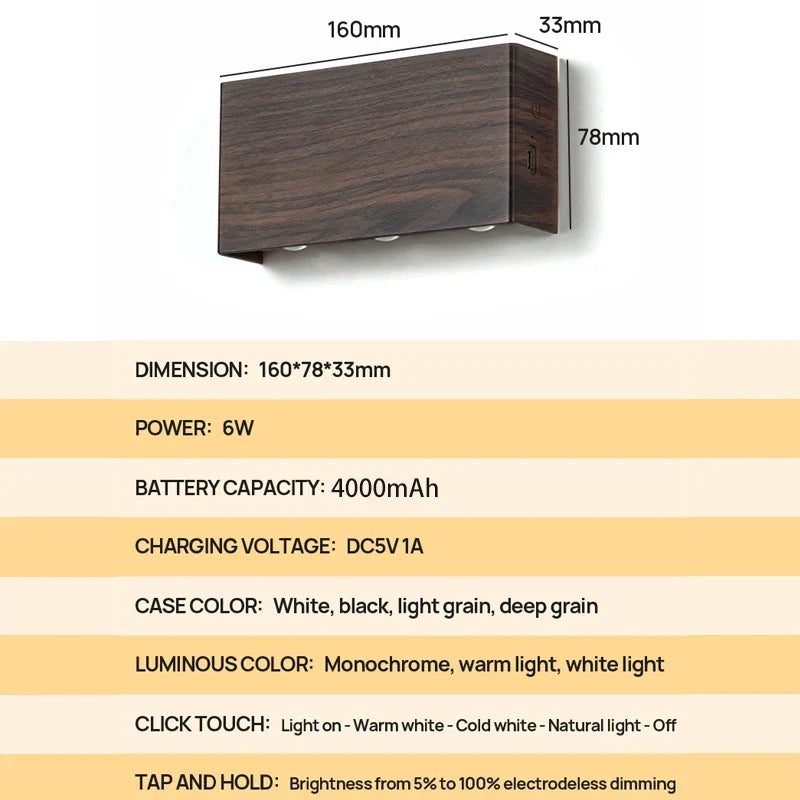Aplique Recargable LumiBlock Efecto Madera Sin Cables