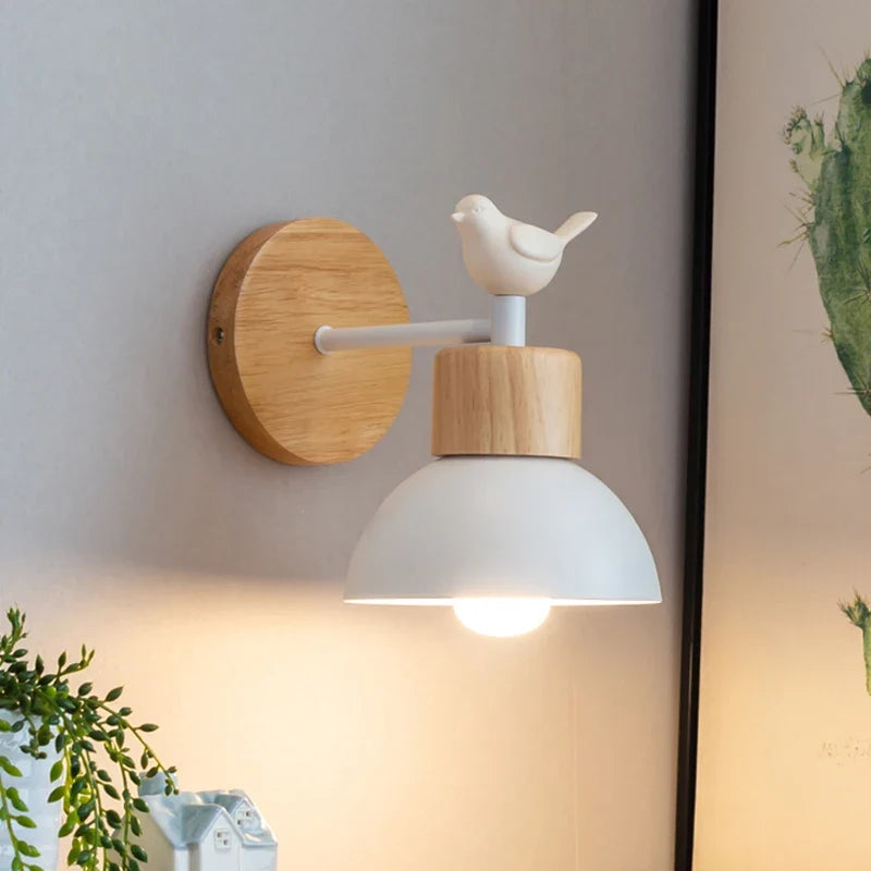 Aplique de Pared LED de Madera Nórdica con Pájaro Cabecero
