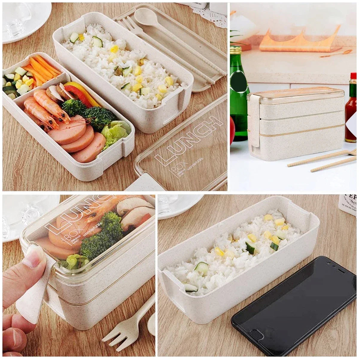 EcoStack Fiambrera Bento de 3 Pisos de Paja de Trigo 900 ml