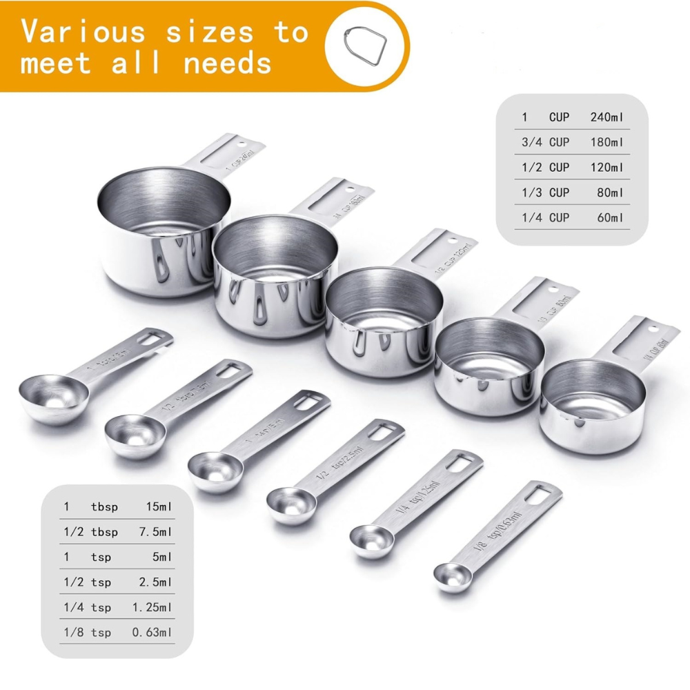 Juego de Tazas y Cucharas Medidoras de Acero Inoxidable