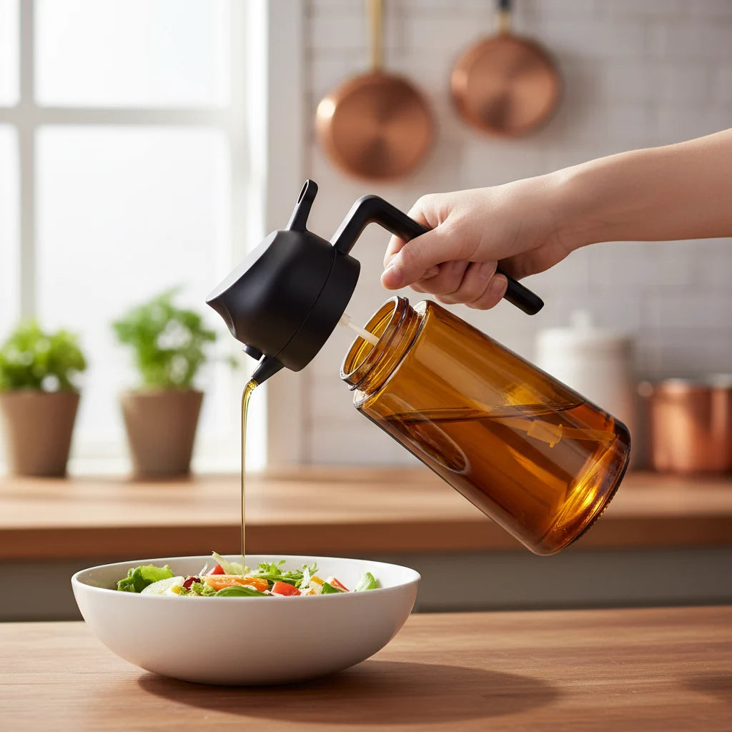 Aceitera de Vidrio con Pulverizador y Dosificador 2 en 1