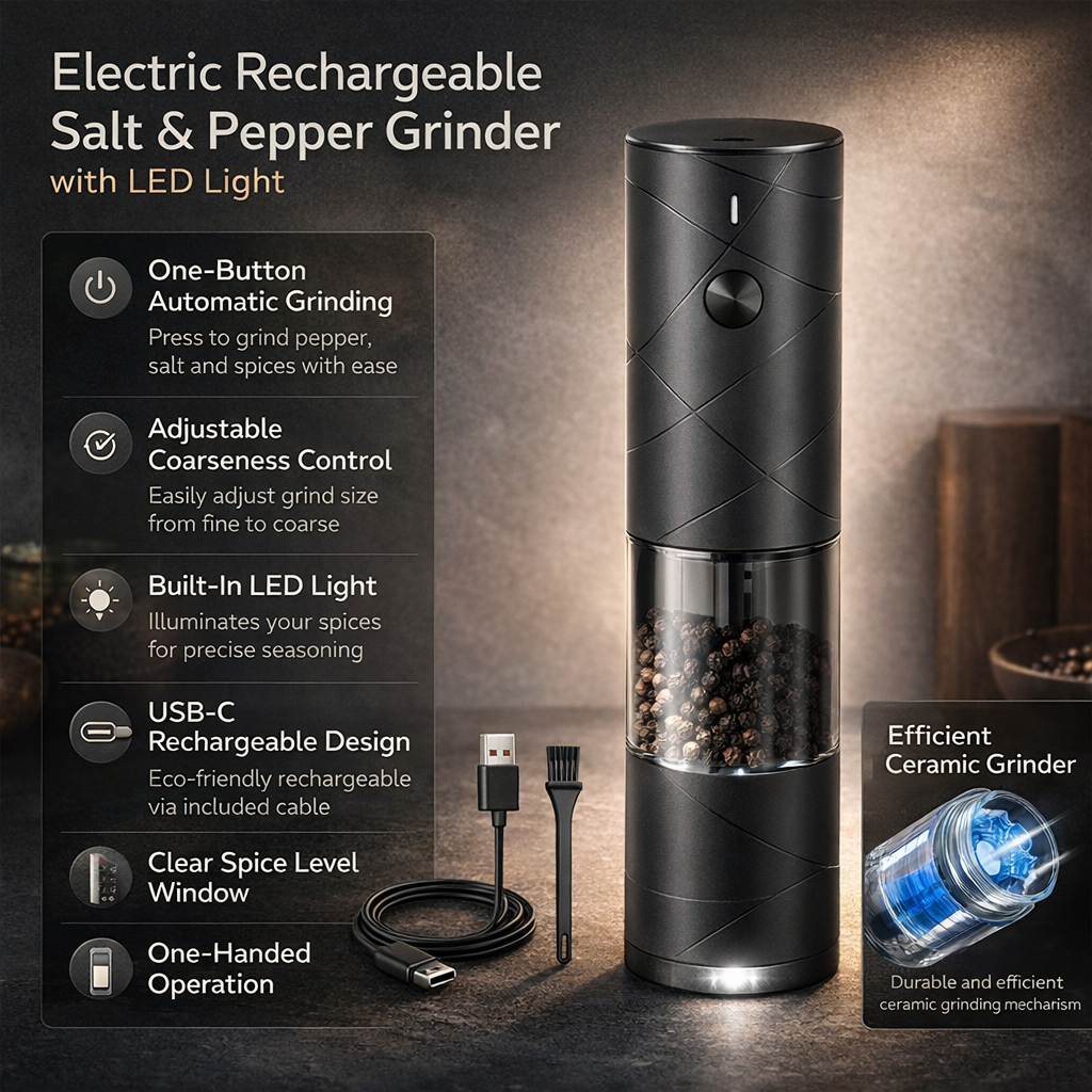 Molinillo Eléctrico de Sal y Pimienta Recargable con Luz LED