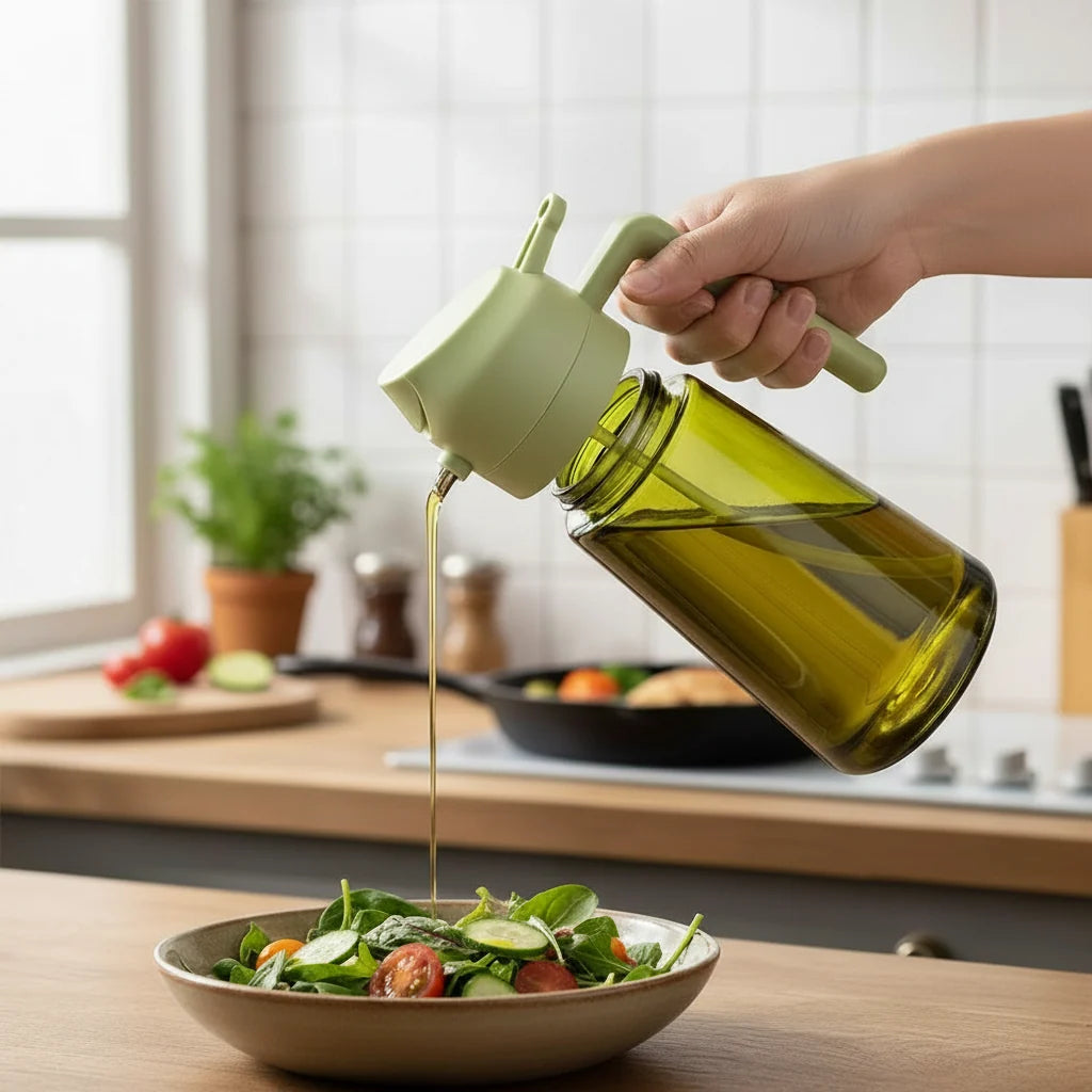 Aceitera de Vidrio con Pulverizador y Dosificador 2 en 1