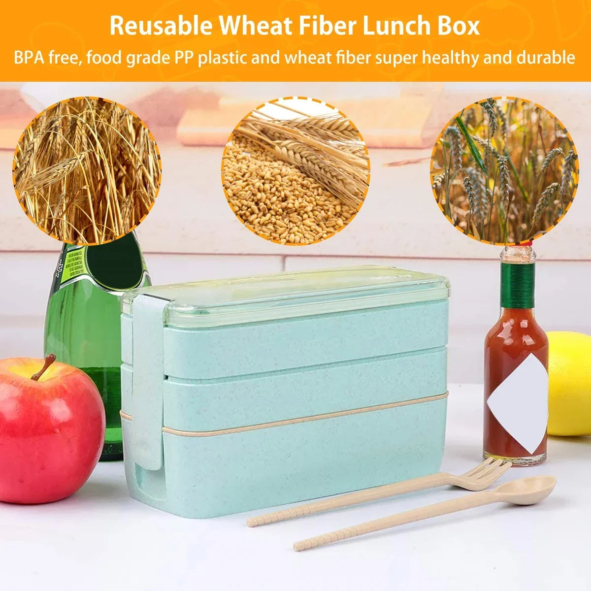 EcoStack Fiambrera Bento de 3 Pisos de Paja de Trigo 900 ml