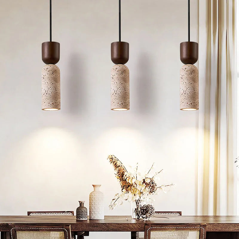 Lámpara Colgante Wabi-Sabi de Travertino y Madera Japonesa