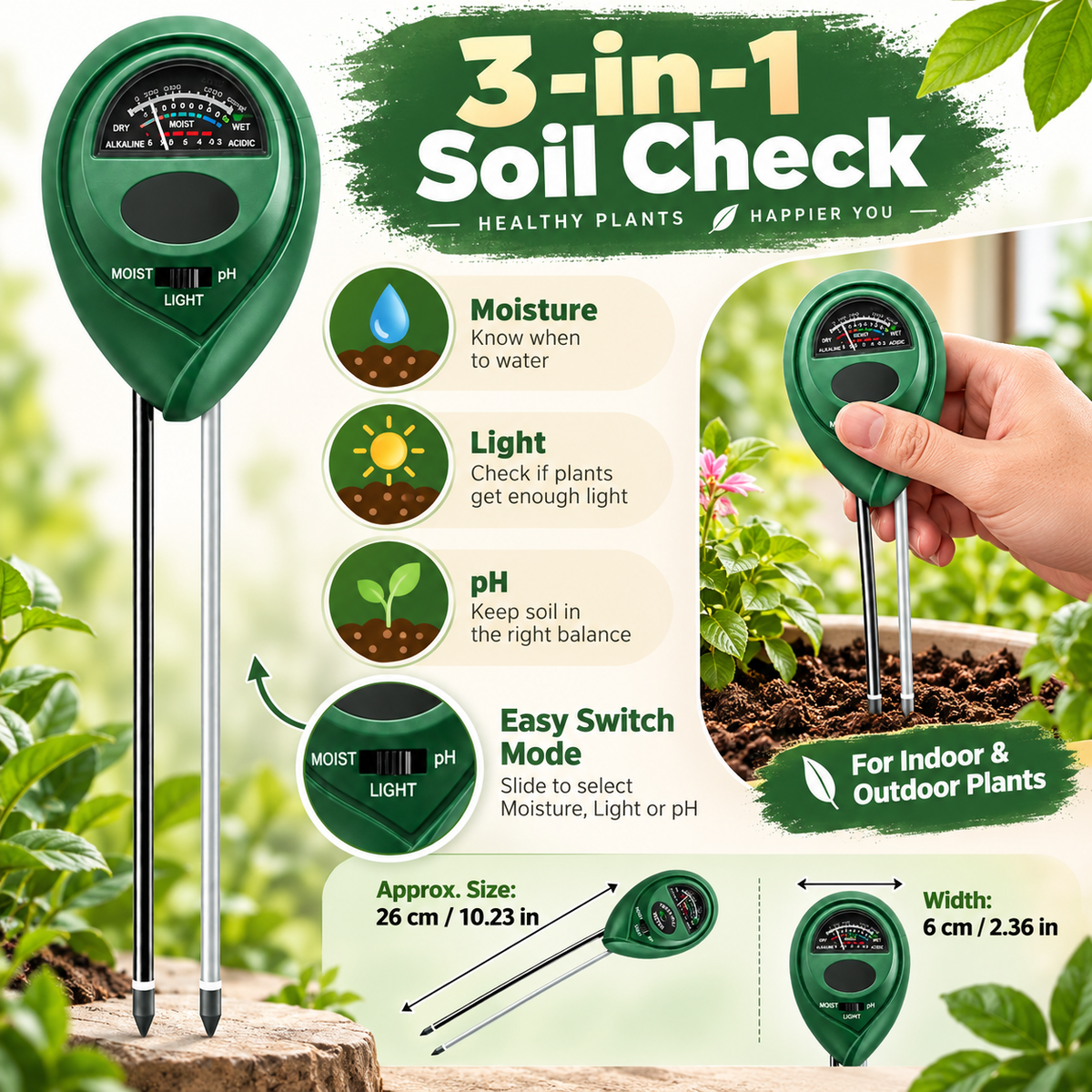 Medidor de Humedad del Suelo para Plantas, Interior y Jardín