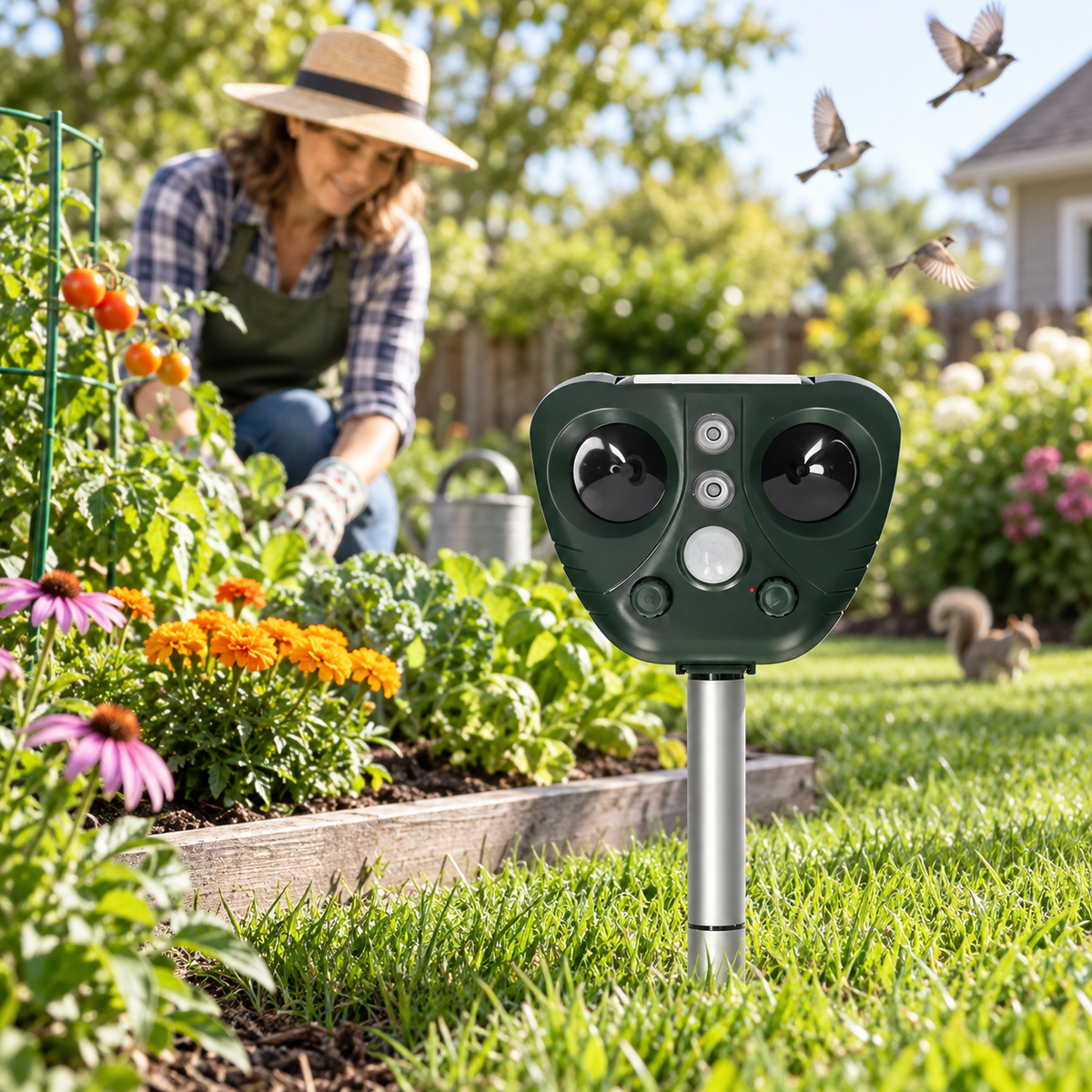 Ahuyentador Solar Ultrasónico de Aves para Jardín y Huerto