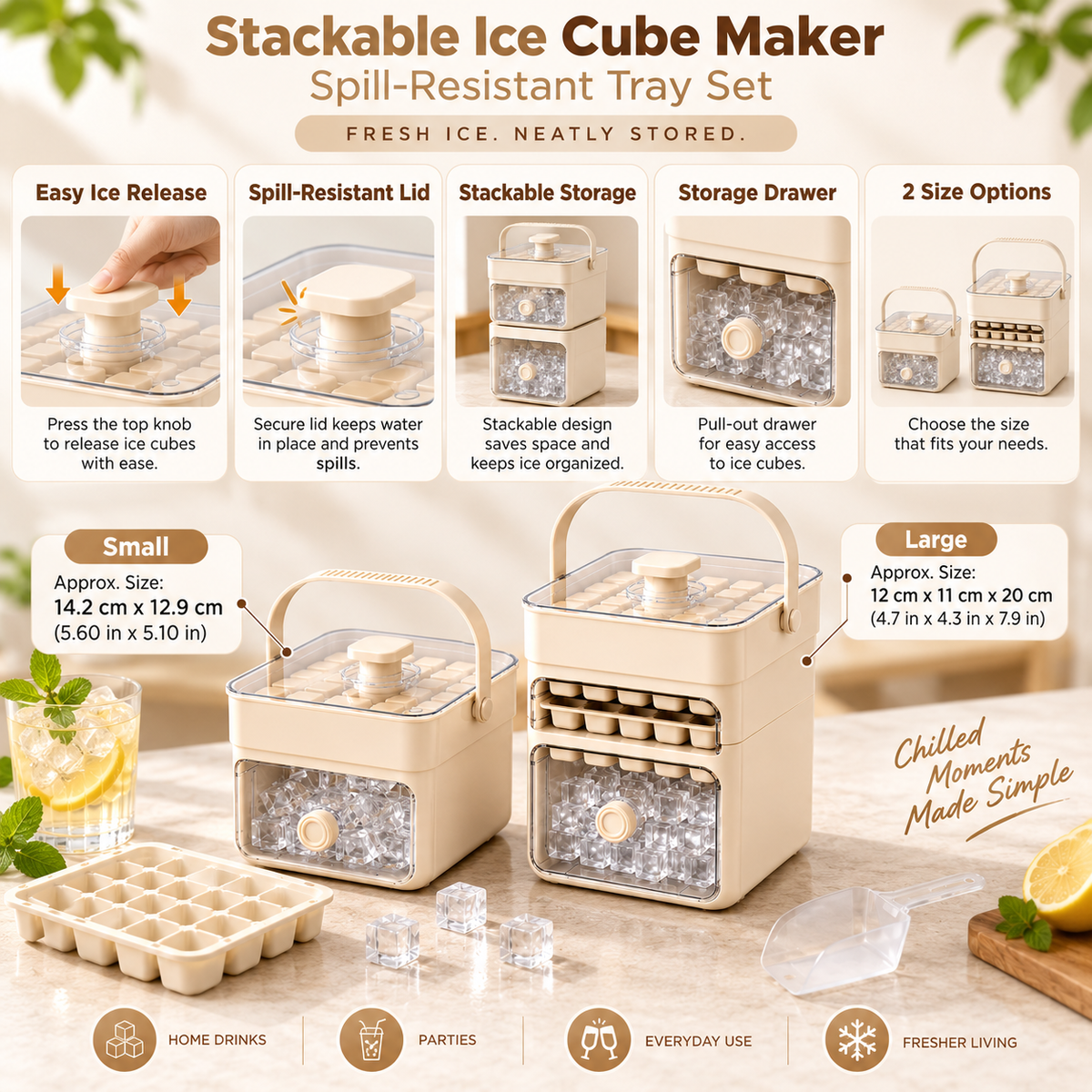 Cubiteras Apilables Antiderrame con Cajón y Tapa para Hielo