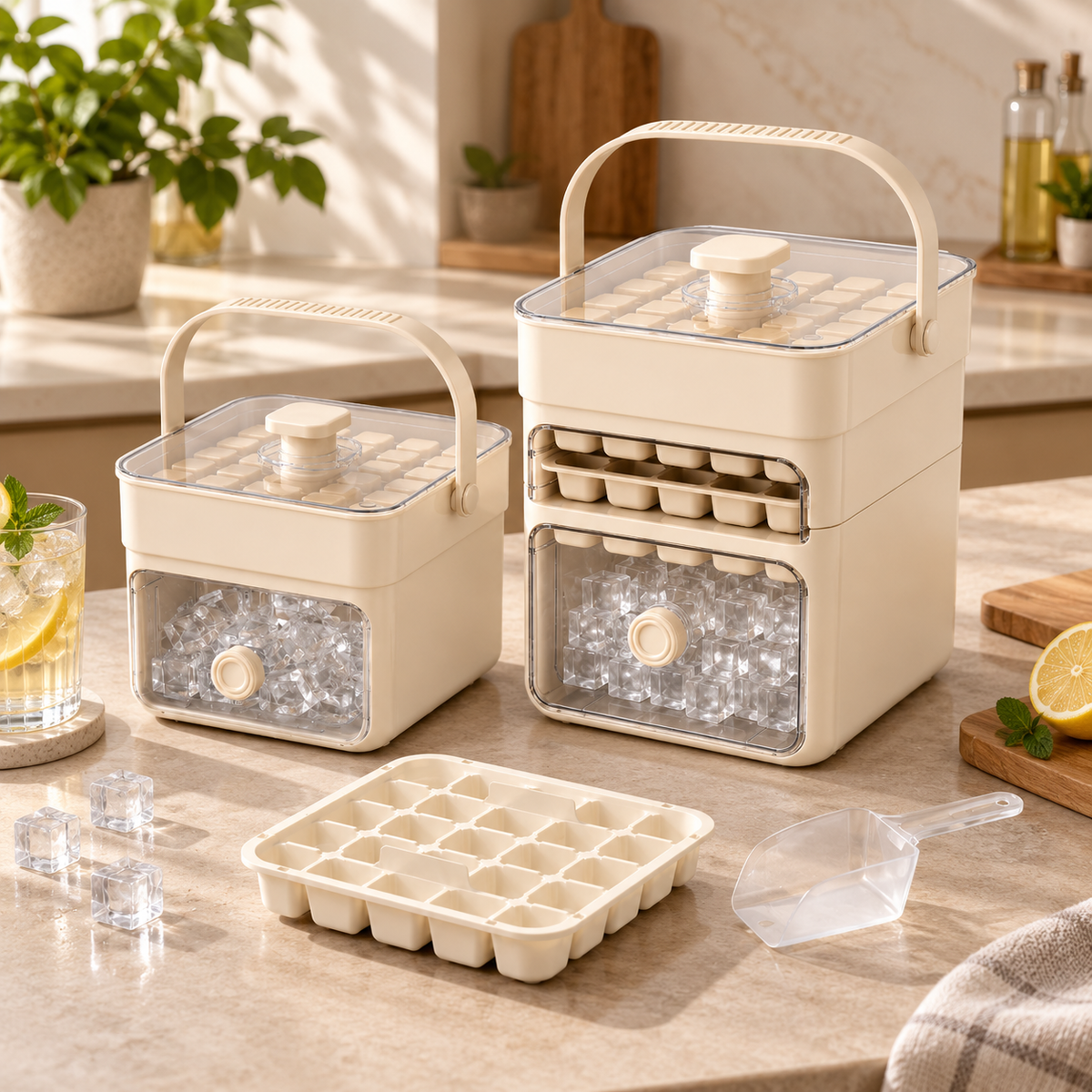 Cubiteras Apilables Antiderrame con Cajón y Tapa para Hielo