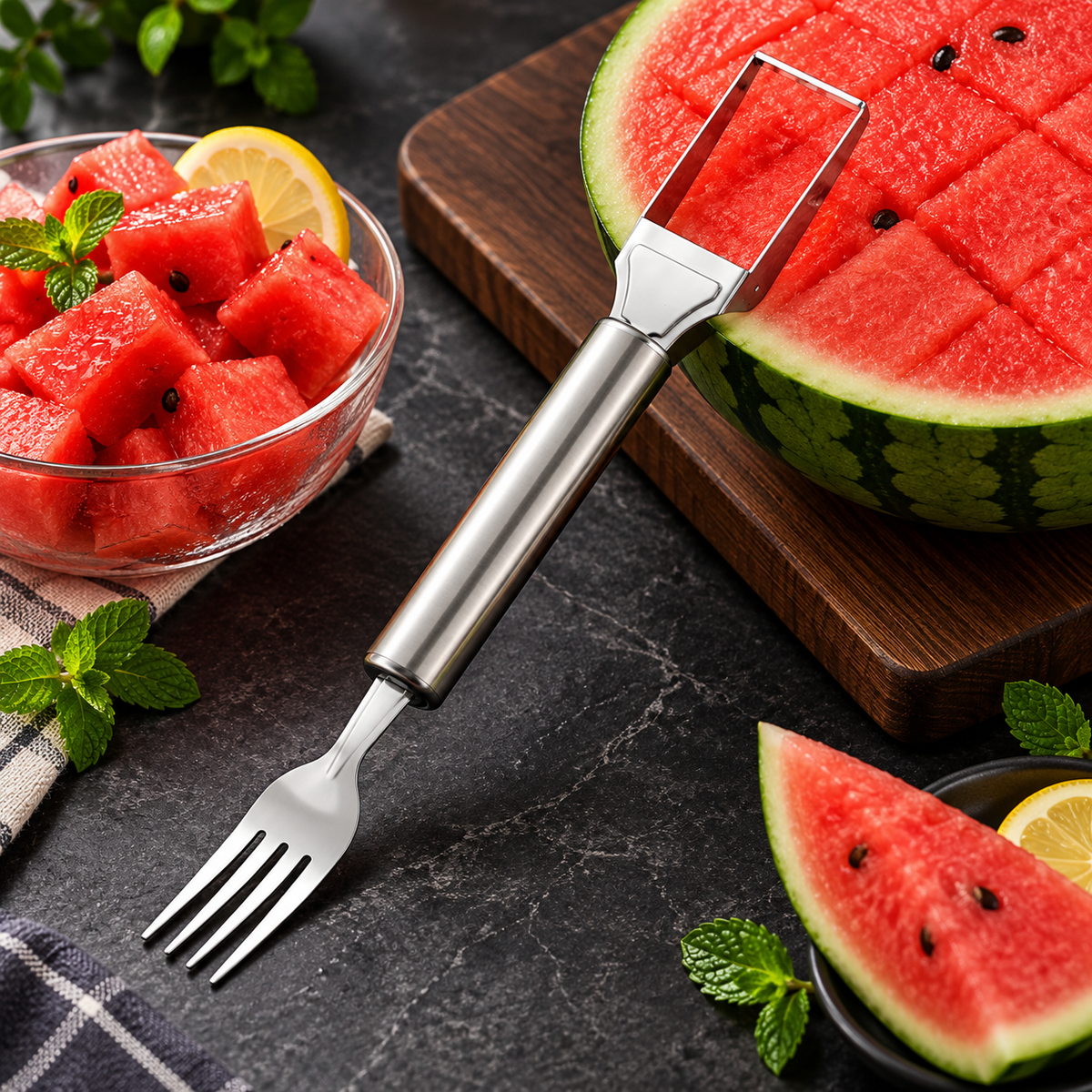 Cortador de Sandía y Fruta 2 en 1 de Acero Inox con Tenedor