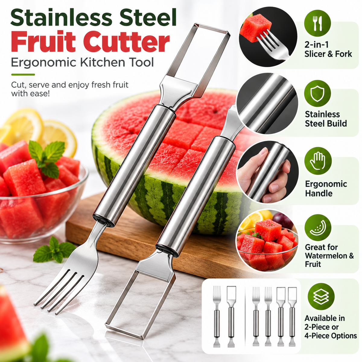 Cortador de Sandía y Fruta 2 en 1 de Acero Inox con Tenedor
