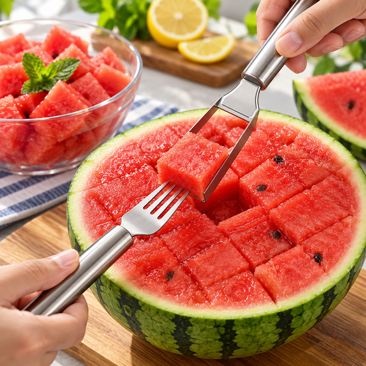 Cortador de Sandía y Fruta 2 en 1 de Acero Inox con Tenedor