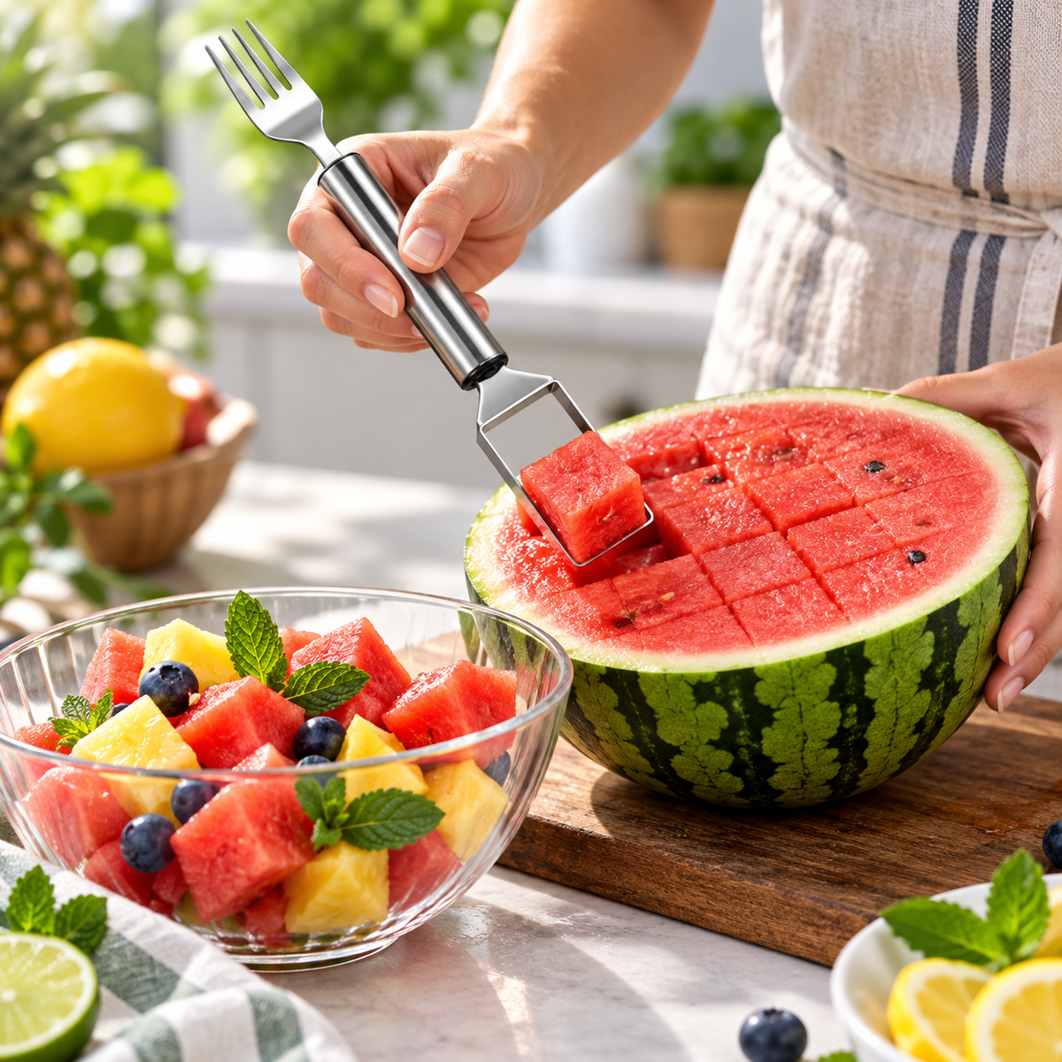 Cortador de Sandía y Fruta 2 en 1 de Acero Inox con Tenedor