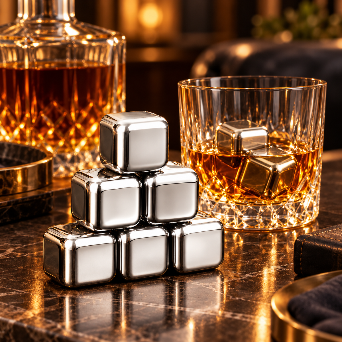 Piedras de Whisky de Acero Inoxidable con Gel, Set de 6