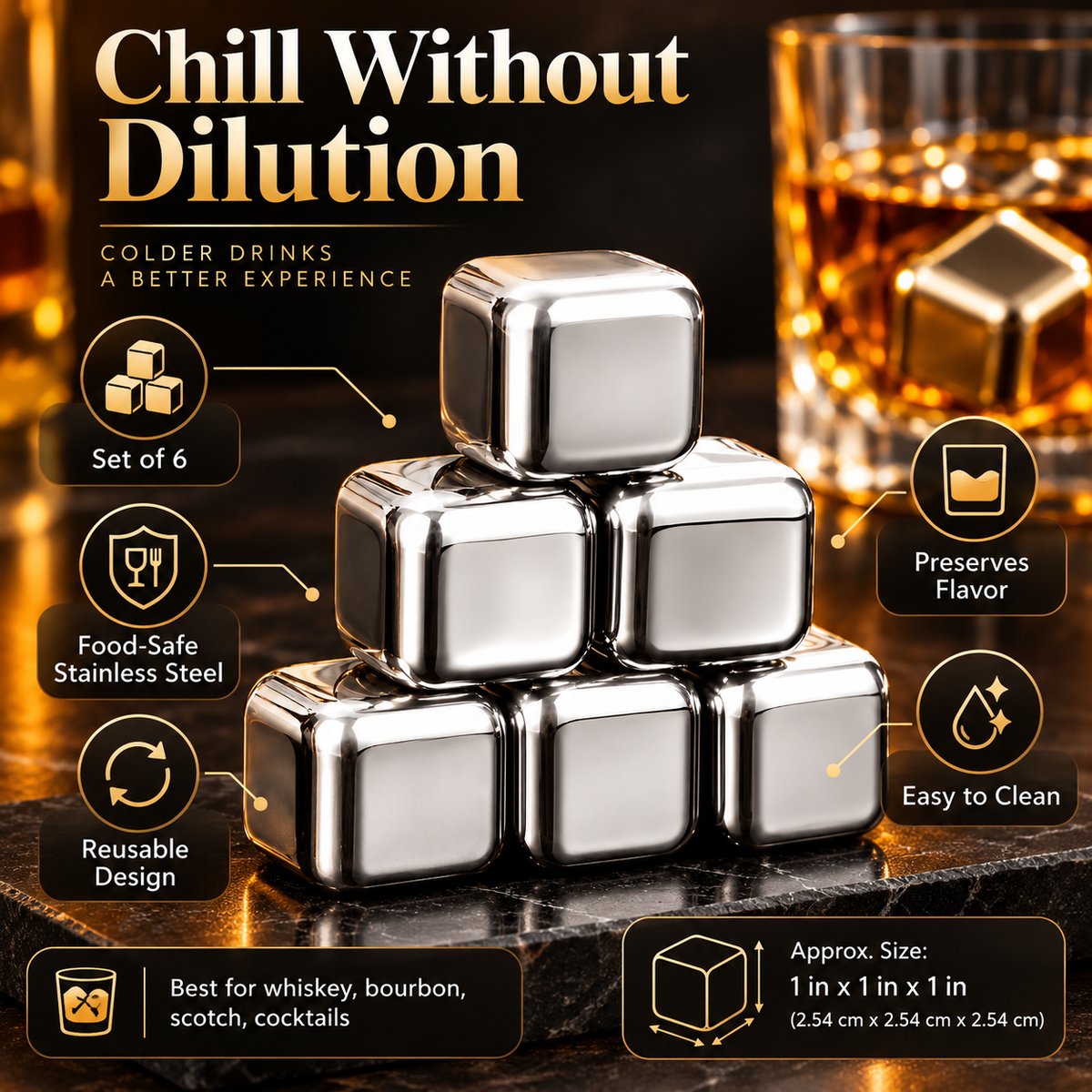 Piedras de Whisky de Acero Inoxidable con Gel, Set de 6
