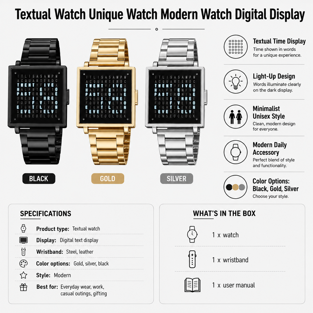 Reloj de Pulsera Digital Unisex con Hora en Texto Iluminado