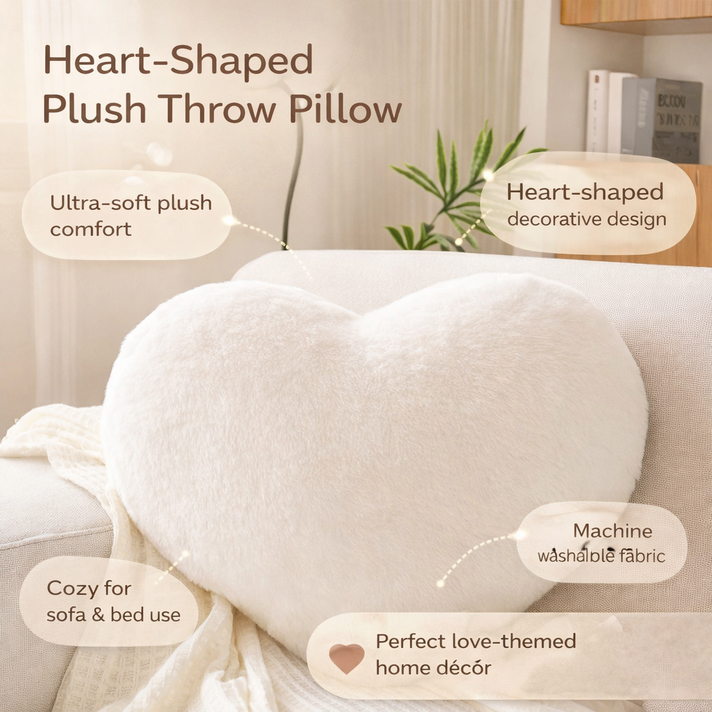 Cojín de Corazón de Felpa Suave Decorativo para Sofá y Cama