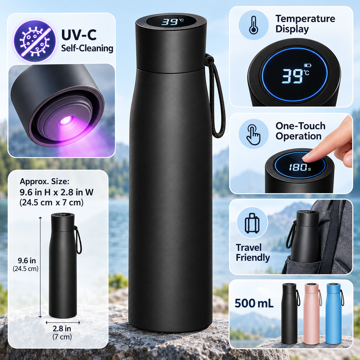 Botella de Agua con Luz UV Autolimpiable y Termómetro LED