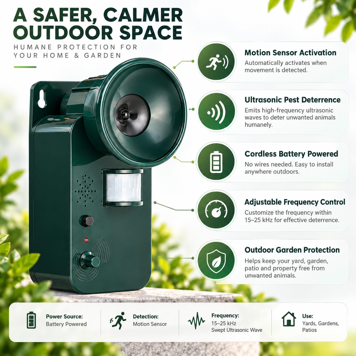 Ahuyentador Ultrasónico de Animales con Sensor, Exterior