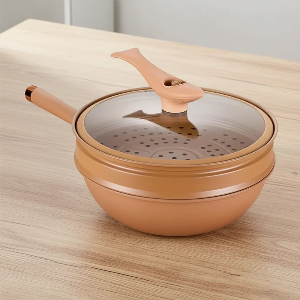 Wok Antiadherente con Tapa y Vaporera para Cocina Saludable
