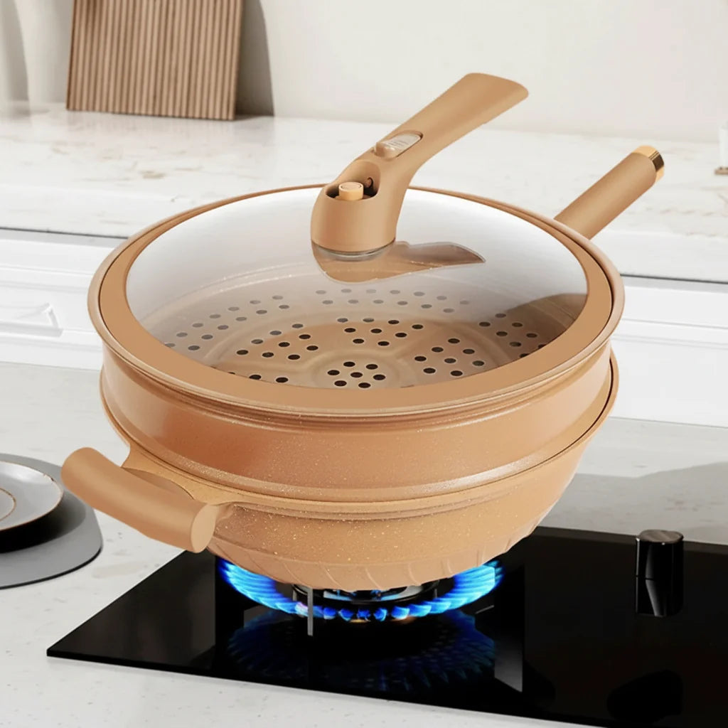 Wok Antiadherente con Tapa y Vaporera para Cocina Saludable