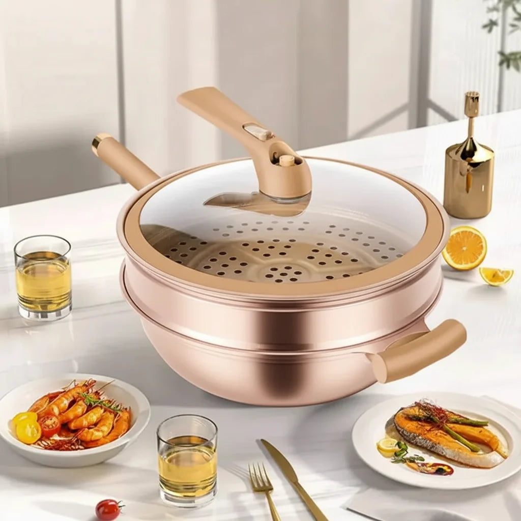 Wok Antiadherente con Tapa y Vaporera para Cocina Saludable