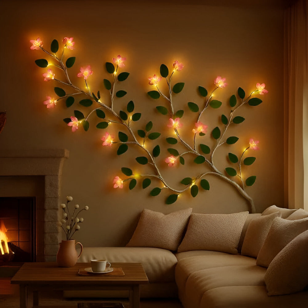 Rama de Árbol LED Decorativa de Pared con Flores y Hojas