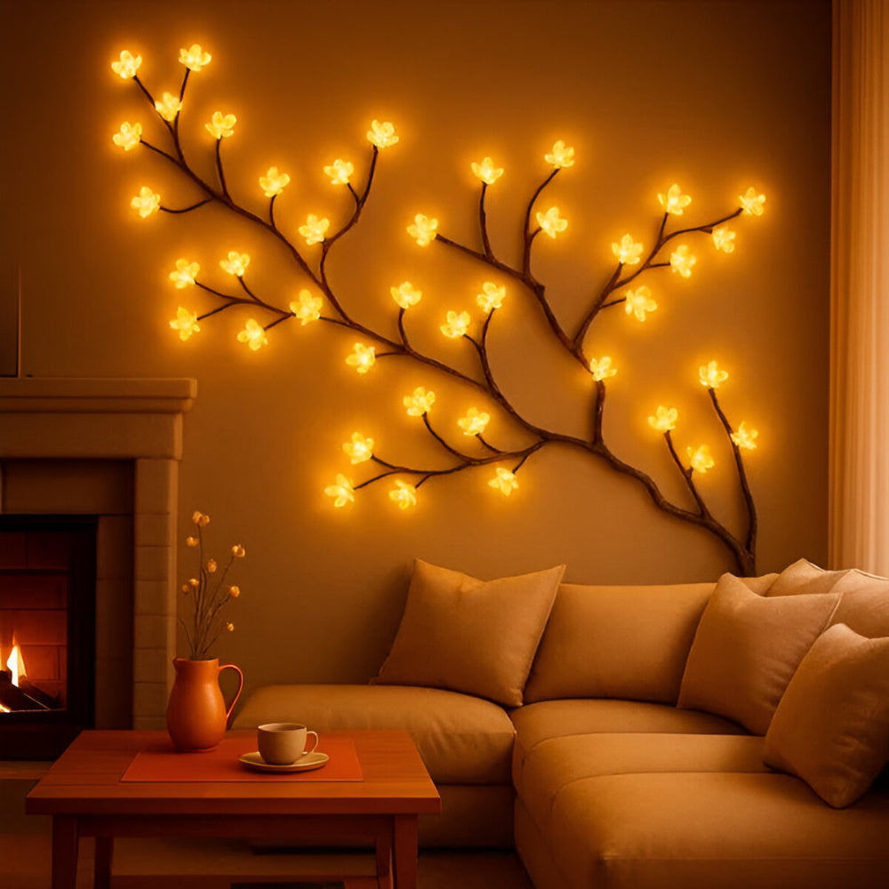 Rama de Árbol LED Decorativa de Pared con Flores y Hojas