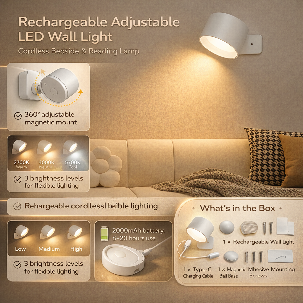 Aplique LED Recargable Magnético Ajustable Sin Cables