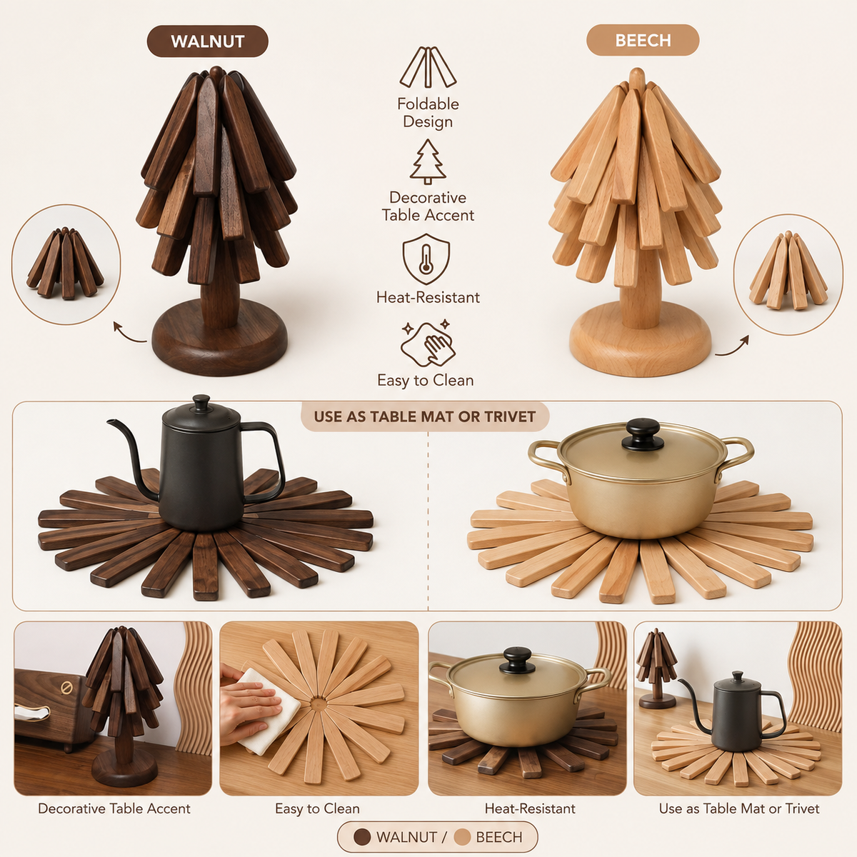 Salvamanteles Plegable de Madera de Nogal o Haya Decorativo