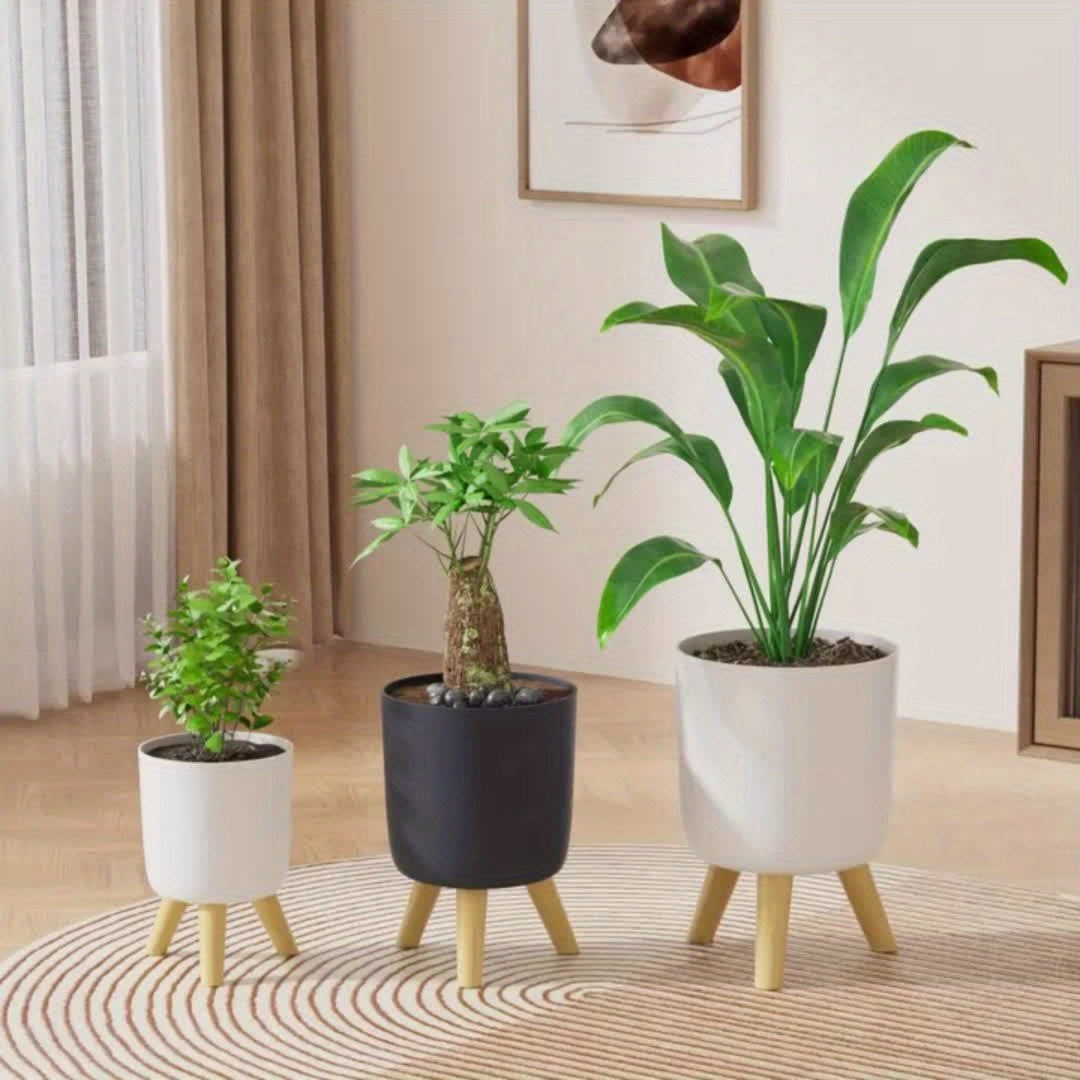 Maceta Redonda Moderna con Patas de Madera en Blanco o Negro