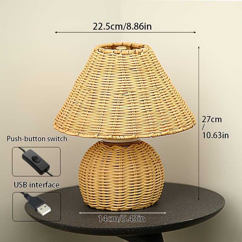 Lámpara de Escritorio de Bambú Tejido a Mano Boho con USB
